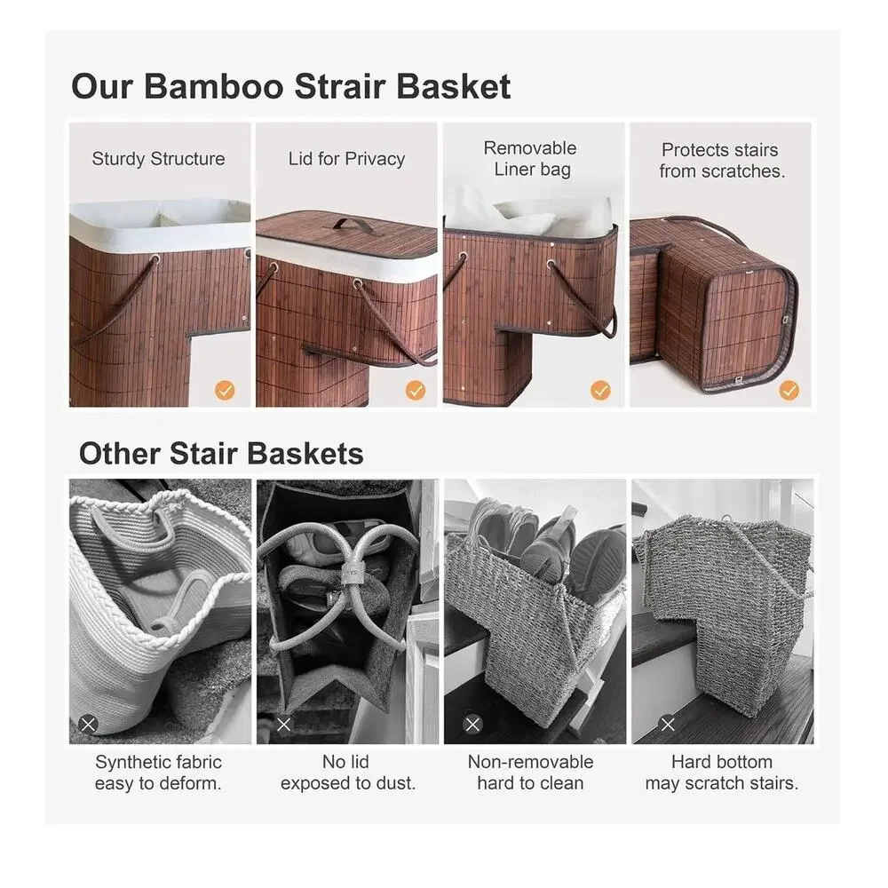 Bamboo Stair Basket with Lid & Handle For Wooden Carpeted Staircase NEW Brown